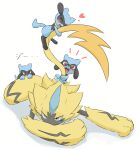  absurdres animal_nose black_fur blue_eyes blue_fur blush body_fur herschel highres holding holding_another&#039;s_tail hug looking_at_viewer multicolored_fur open_mouth pokemon pokemon_(creature) red_eyes riolu simple_background smile tail two-tone_fur whiskers yellow_fur zeraora 