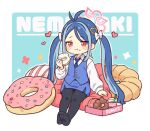  1girl antenna_hair black_pantyhose blue_archive blue_hair blue_necktie blue_skirt blue_vest blush closed_mouth collared_shirt doughnut eating food food_on_face fubuki_(blue_archive) grey_hair halo heart holding holding_food long_hair multicolored_hair necktie onyhakase pantyhose pink_halo red_eyes shirt skirt smile solo twintails vest white_shirt 