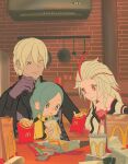  1boy 2girls aged_down ai_the_somnium_files aiba_(ai_the_somnium_files) air_conditioner artificial_eye bag black_coat black_eyes blonde_hair blue_hair brick_wall bright_pupils chicken_nuggets closed_mouth coat commentary cup date_kaname disposable_cup drinking_straw english_commentary fast_food fiiib food french_fries gloves hair_between_eyes heterochromia highres indoors kitchen long_hair long_sleeves looking_at_another mcdonald&#039;s meme multicolored_hair multiple_girls okiura_mizuki paper_bag purple_gloves red_eyes red_gloves short_hair smile streaked_hair table upper_body white_pupils yellow_eyes yoru_mac 