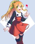  1girl :d \n/ black_sleeves blonde_hair blue_background blush boots commentary_request dress fang green_eyes green_ribbon hair_between_eyes hair_ribbon heart long_hair mega_man_(classic) mega_man_(series) mega_man_8 ponytail red_dress red_footwear ribbon roll_(mega_man) saburouta_(hox-666) smile solo white_background 