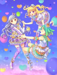  3girls :d absurdres balloon blonde_hair blunt_bangs boots braid circle_formation closed_mouth frilled_skirt frills full_body green_hair green_skirt grey_hair hat high_heels highres holding_hands idol_clothes idol_time_pripara jacket koda_michiru kotori_(gokigen_iori) long_hair long_sleeves looking_at_another midair miichiru_(pripara) mini_hat multiple_girls nijiiro_nino open_mouth pretty_series pripara purple_shirt purple_sky purple_thighhighs red_eyes ringlets sash shirt short_hair shoulder_sash skirt sky smile thigh-highs twin_braids two_side_up very_long_hair violet_eyes wavy_hair white_footwear white_jacket yumekawa_yui 