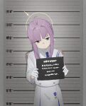  1girl ahoge blue_archive blue_necktie coat cowboy_shot gloves green_eyes halo highres kaya_(blue_archive) lazhuzelazhuze mugshot necktie purple_hair solo white_coat white_gloves 