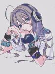  1girl ahoge bandaid bandaid_on_arm bandaid_on_cheek bandaid_on_face bandaid_on_hand blue_eyes blue_nails blush chromatic_aberration grey_background hair_between_eyes headphones highres long_hair looking_at_viewer mole mole_under_eye nail_polish nou4_777 original own_hands_together parted_lips sailor_collar shorts simple_background solo upper_body watch watch 