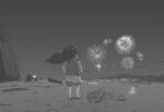  1girl animal backpack bag beach child cowboy_hat crab crustacean english_commentary english_text fireworks floating_hair from_behind full_body greyscale hat lobster long_hair monochrome mountainous_horizon new_year night night_sky original outdoors shirt shore short_sleeves shorts sky solo standing tyrone 