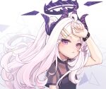  1girl absurdres ahoge black_dress black_horns blue_archive blush breasts demon_horns dress halo highres hina_(blue_archive) horns long_hair multiple_horns open_mouth ricke_2002 short_sleeves small_breasts solo upper_body violet_eyes white_hair 