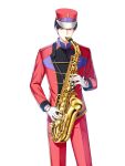  1boy alternate_hair_color alto_saxophone band_uniform buttons closers collared_jacket cowboy_shot double-breasted gloves hat high_collar highres holding holding_instrument instrument jacket legs_apart long_sleeves looking_at_viewer male_focus marching_band music official_art pants playing_instrument purple_hair red_eyes red_headwear red_jacket red_pants saxophone shako_cap short_hair single_vertical_stripe solo standing uniform white_background white_gloves wolfgang_schneider 