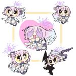  1girl blue_archive blue_ribbon chibi closed_eyes dress full_body halo heart highres long_hair mika_(blue_archive) open_mouth pink_hair powerpuff_girls_(style) ribbon simple_background smile solo taube_dorf white_dress yellow_eyes 