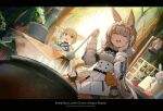 2girls ^_^ animal_ears arknights blonde_hair blue_hairband closed_eyes commentary cooking english_commentary english_text fox_girl fox_tail grey_hair hairband highres holding holding_ladle kitsune kyuubi ladle letterboxed long_hair long_sleeves multiple_girls multiple_tails open_mouth rabbit_ears rabbit_girl short_hair suzuran_(arknights) tail teeth upper_teeth_only warmy_(arknights) yukikochenk 