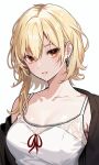  1girl alternate_costume blonde_hair commentary earrings highres hololive hololive_indonesia jewelry kaela_kovalskia looking_at_viewer medium_hair red_eyes schitzo17 solo symbol-only_commentary virtual_youtuber 