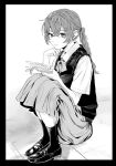  1girl black_border book border braid braided_ponytail expressionless greyscale highres holding holding_book inkdaisuki knees_to_chest loafers long_skirt looking_at_viewer monochrome neckerchief open_book original outside_border reading shirt shoes short_sleeves sitting skirt socks solo vest wing_collar 