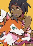  1girl animal_hug bare_arms bead_necklace beads black_hair bracelet dark-skinned_female dark_skin diamond_(gemstone) diamond_(shape) diamond_earrings earrings green_eyes halter_shirt halterneck icako_s jewelry lycanroc lycanroc_(dusk) neck_ring necklace olivia_(pokemon) orange_fur pink_gemstone pink_lips pink_shirt pokemon pokemon_(creature) pokemon_sm purple_shorts shirt short_hair shorts sketch wolf 