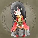  1girl ashley_(warioware) black_hair black_pantyhose dress hair_down hair_ornament head_tilt holding holding_skull long_hair looking_at_viewer official_art pantyhose red_dress red_eyes red_footwear rock sitting sitting_on_rock skull skull_ornament takeuchi_kou third-party_source warioware warioware:_get_it_together! 