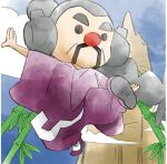  1boy bamboo blue_sky chinese_clothes facial_hair grey_hair long_hair martial_arts master_mantis mountain mustache official_art old old_man pants purple_footwear purple_pants red_nose sky takeuchi_kou third-party_source warioware warioware:_get_it_together! 