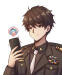  1boy 1girl anger_vein blue_hair brown_eyes brown_hair commander_(nikke) goddess_of_victory:_nikke highres holding holding_phone jimpu6 looking_at_phone male_focus military_uniform necktie phone privaty_(nikke) short_hair simple_background smile tactical_clothes twintails uniform 