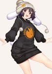  1girl :3 alternate_costume animal_ears badge beanie black_hair black_hoodie blush breasts brown_headwear button_badge carrot_pin commentary_request cowboy_shot floppy_ears hat hataraki_kuma hood hoodie inaba_tewi looking_at_viewer medium_bangs no_pants open_mouth pom_pom_(clothes) rabbit_ears rabbit_girl rabbit_tail short_hair simple_background small_breasts smile solo tail touhou v-shaped_eyebrows white_background 