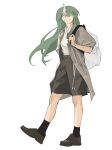  1girl absurdres arknights backpack bag black_skirt black_socks bright_pupils brown_footwear chinese_commentary coat commentary_request green_hair grey_coat hair_over_one_eye highres horns hoshiguma_(arknights) loafers long_hair pointy_ears scar scar_on_face shirt shirt_tucked_in shoes simple_background single_horn skirt socks solo watch watch white_background white_pupils white_shirt yanlingjinshilihuahua yellow_eyes 