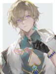  1boy aqua_shirt aventurine_(honkai:_star_rail) black_gloves blonde_hair bracelet clothing_cutout collared_shirt earrings fur_trim gloves hair_between_eyes highres honkai:_star_rail honkai_(series) jewelry male_focus shirt short_hair solo starrail_de unworn_eyewear violet_eyes 