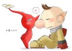  1boy backpack bad_id bad_pixiv_id bag big_nose blush brown_hair buttons closed_eyes colored_skin flower from_side full_body gloves heart kiss kissing_nose male_focus no_headwear no_mouth olimar parted_lips pikmin_(creature) pikmin_(series) pointy_ears pointy_nose red_bag red_gloves red_pikmin red_skin shadow short_hair simple_background sitting smile spacesuit spoken_heart tkykckemn very_short_hair white_background white_flower 