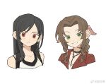  2girls aerith_gainsborough backpack bag bare_shoulders black_hair black_tank_top bow braid brown_hair buttons chinese_commentary coattails collarbone collared_jacket commentary_request cropped_torso dangle_earrings earrings facial_mark final_fantasy final_fantasy_vii green_eyes grin hair_bow highres jacket jewelry light_smile long_hair looking_at_viewer minamip multiple_braids multiple_girls necklace open_clothes open_jacket parted_bangs pink_bow red_eyes red_jacket shirt simple_background single_earring single_sidelock smile tank_top tifa_lockhart watermark weibo_logo weibo_username whisker_markings white_background white_shirt white_tank_top 