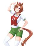 1girl animal_ears arm_up character_name commentary crown green_shorts grin gym_shirt gym_shorts gym_uniform hand_on_own_hip highres horse_ears horse_girl horse_tail kemuri_(etep3372) looking_at_viewer mini_crown one_eye_closed orange_hair race_bib shirt short_hair short_sleeves shorts simple_background smile solo standing t-shirt t.m._opera_o_(umamusume) tail thigh-highs umamusume violet_eyes white_background white_shirt white_thighhighs 