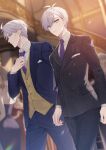  2girls 3boys adjusting_clothes adjusting_necktie aiue_o_eiua arms_at_sides black_suit blue_suit blurry blurry_background commentary_request cowboy_shot father_and_son formal frown highres idolish7 indoors jacket looking_to_the_side multiple_boys multiple_girls necktie osaka_soshi osaka_sougo pants plaid plaid_jacket plaid_pants pocket_square purple_hair purple_necktie short_hair stairs suit vest violet_eyes yellow_vest 