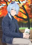  1girl absurdres alternate_costume animal_ears autumn_leaves bespectacled black_shirt blue_hair blue_jacket blurry blurry_background brown_pants coffee_cup commentary_request cup disposable_cup ear_covers ear_ornament glasses hair_ornament highres holding holding_cup horse_ears horse_girl jacket k.s.miracle_(umamusume) kumabachi315 light_blue_hair long_sleeves medium_hair on_bench open_clothes open_jacket outdoors pants semi-rimless_eyewear shirt short_ponytail sitting solo tree umamusume upper_body violet_eyes wooden_bench 