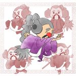  1boy black_eyes chinese_clothes facial_hair fighting_stance grey_hair long_hair martial_arts master_mantis multiple_views mustache official_art old old_man pants purple_footwear purple_pants red_nose takeuchi_kou third-party_source warioware warioware:_get_it_together! 