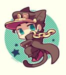  1boy animal_ears blue_eyes brown_coat brown_hair brown_headwear brown_pants cat_ears cat_tail chain chibi chibi_only coat earrings full_body hat jewelry jojo_no_kimyou_na_bouken kotorai kujo_jotaro male_focus no_nose pants signature solo star_(symbol) tail 