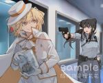  2girls absurdres ascot black_gloves black_hair blonde_hair boater_hat bright_pupils cape chest_harness chinese_commentary collared_shirt commentary_request fingerless_gloves gloves grey_pants grey_shirt gun handgun harness highres holding holding_gun holding_weapon indoors inoue_takina jacket long_hair long_sleeves lycoris_recoil medium_hair multiple_girls nishikigi_chisato open_mouth orange_cape orange_eyes pants parted_lips sample_watermark shirt smile two-sided_cape two-sided_fabric violet_eyes watermark weapon white_ascot white_cape white_gloves white_headwear white_jacket white_pants white_pupils window yanlingjinshilihuahua 