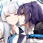  2girls absurdres blue_archive blue_necktie blush closed_mouth collared_shirt grey_hair halo highres jacket long_hair mechanical_halo multiple_girls necktie noa_(blue_archive) purple_hair shirt simple_background sstthei two_side_up violet_eyes white_background white_jacket white_shirt yuuka_(blue_archive) 