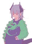  1girl alternate_costume animal_costume arknights blunt_bangs closed_mouth dragon_costume dragon_girl dragon_horns dragon_tail expressionless green_sweater grey_hair grey_horns haruichi_(sazanami_complex) hatching_(texture) horns linear_hatching liskarm_(arknights) long_sleeves looking_down medium_hair no_nose pink_eyes puffy_long_sleeves puffy_sleeves purple_horns purple_sweater purple_tail simple_background sleeves_past_wrists solo sweater tail twitter_username unfinished upper_body watermark white_background 