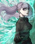  1girl absurdres black_clover black_pants black_sweater earrings highres jewelry limn044 long_hair looking_at_viewer noelle_silva pants parted_lips purple_hair solo sweater turtleneck turtleneck_sweater twintails violet_eyes 