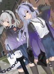  2girls anchor_necklace back-to-back bag black_thighhighs blue_eyes blue_hair blue_skirt chain collared_shirt dress_shirt dutch_angle fake_horns feet_out_of_frame grey_eyes grey_hair hair_rings happi headphones highres horned_headwear horns i-201_(kancolle) i-203_(kancolle) japanese_clothes jewelry kantai_collection light_blue_hair long_hair low_twintails miron_(mirona33) multiple_girls necklace official_alternate_costume pleated_skirt purple_happi shirt shopping_bag skirt thigh-highs twintails white_shirt 