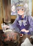  +_+ 2girls absurdres ahoge blurry blurry_background blush bow breasts chopsticks closed_eyes commentary_request cooking cup drooling ear_ornament food grey_hair grilling hair_between_eyes hair_ornament highres holding holding_chopsticks holding_cup horei_tsuna indoors large_breasts long_hair meat multicolored_hair multiple_girls oguri_cap_(umamusume) open_mouth purple_serafuku purple_shirt purple_skirt rice sailor_collar saliva school_uniform serafuku shirt skirt special_week_(umamusume) steaming_food streaked_hair tracen_school_uniform umamusume white_bow white_hair window winter 
