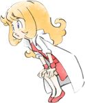 1girl blue_eyes coat dress hands_on_own_knees leaning_forward long_hair lowres mona_(warioware) official_art open_clothes open_coat orange_hair red_dress red_footwear red_wristband takeuchi_kou third-party_source warioware warioware:_get_it_together! white_coat wristband 