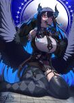  1girl absurdres asymmetrical_horns bare_shoulders black_hair black_wings blue_hair breasts colored_inner_hair demon_horns fur_trim gloves hair_ornament highres hiroarchus hololive hololive_english horns long_hair looking_at_viewer mole mole_under_eye multicolored_hair nerissa_ravencroft nerissa_ravencroft_(1st_costume) pink_eyes solo thick_thighs thigh-highs thighs tongue tongue_out two-tone_hair uneven_horns virtual_youtuber wings 