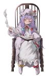  1girl blush book boots chair closed_mouth dress hat highres long_hair long_sleeves mob_cap open_book patchouli_knowledge purple_dress purple_footwear purple_hair purple_headwear simple_background solo touhou tsune_(tune) violet_eyes white_background 