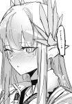  1girl ao_oni_(onioni-aoi) arknights blush choker greyscale hand_on_own_neck hand_up highres jacket long_hair mole mole_under_eye monochrome muelsyse_(arknights) nose_blush parted_lips pointy_ears simple_background solo translation_request upper_body white_background 