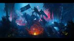  4boys absurdres bullet_hole campfire cape flag flagpole flare glowing helldiver_(helldivers) helldivers_(series) helmet highres holding holding_flag lionel_schramm mecha multiple_boys outdoors robot scenery sitting standing teapot tree wide_shot 