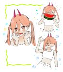  &gt;_&lt; +_+ 1girl absurdres breasts chainsaw_man commentary_request crop_top eating fang food fruit gurukousu hair_between_eyes highres horns hot midriff navel pink_eyes pink_hair power_(chainsaw_man) red_horns small_breasts sweat tank_top twintails watermelon white_tank_top 