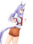  1girl animal_ears aqua_ribbon commentary cowboy_shot ear_ribbon from_side highres horse_ears horse_girl horse_tail kemuri_(etep3372) light_smile long_hair looking_at_viewer looking_back mejiro_mcqueen_(umamusume) open_mouth orange_shorts purple_hair race_bib ribbon shirt short_sleeves shorts simple_background solo standing t-shirt tail tail_through_clothes umamusume violet_eyes w_arms white_background white_shirt 