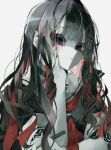  1girl absurdres black_choker black_hair black_serafuku blunt_bangs blurry choker closed_mouth colored_inner_hair commentary depth_of_field expressionless grey_background hair_ornament hairclip hand_on_own_cheek hand_on_own_face hand_rest highres holding holding_brush kagerou_4253 long_hair looking_at_viewer multicolored_hair neckerchief original pale_skin red_neckerchief redhead sailor_collar school_uniform serafuku sidelocks simple_background solo symbol-only_commentary two-tone_hair upper_body violet_eyes white_sailor_collar 