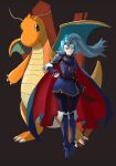  1girl 1other antennae blue_hair boots cape clair_(pokemon) claws company_connection cosplay dragonite fingerless_gloves fire_emblem fire_emblem_awakening gloves highres holding holding_poke_ball horns lucina_(fire_emblem) lucina_(fire_emblem)_(cosplay) poke_ball poke_ball_(basic) pokemon pokemon_(creature) pokemon_hgss ponytail rod_langhi single_horn smile wings 