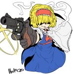  1girl alice_margatroid ascot black_gloves blonde_hair blue_dress bullet capelet cigarette closed_mouth commentary_request cookie_(touhou) cowboy_shot dated dress frilled_hairband frilled_sleeves frills glint gloves gun hair_between_eyes hair_over_eyes hairband handgun holding holding_gun holding_weapon jigen_(cookie) long_bangs looking_at_viewer red_ascot red_hairband red_sash revolver sash short_hair simple_background smile smoke smoking solo tetugakuzonbi touhou weapon white_background white_capelet 