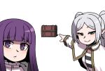 2girls :t black_shirt blunt_bangs blush capelet closed_mouth elf fern_(sousou_no_frieren) frieren frown furrowed_brow gold_trim green_eyes karepack long_hair looking_at_viewer medium_bangs meme multiple_girls parted_bangs pointing pointy_ears purple_hair shirt sidelocks simple_background smile smug sousou_no_frieren striped_clothes striped_shirt treasure_chest twintails two_soyjaks_pointing_(meme) upper_body violet_eyes white_background white_capelet white_shirt 
