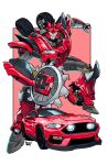  artist_name ashley_artly border car circular_saw commission decepticon english_commentary ford ford_mustang highres knockout_(transformers) looking_at_viewer mecha motor_vehicle muscle_car open_hand outside_border parted_lips red_background red_eyes redesign robot saw smile solo spoiler_(automobile) transformers transformers_prime wheel white_border 