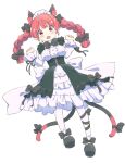  1girl alternate_costume animal_ear_fluff animal_ears back_bow black_footwear blush bow bowtie cat_ears cat_tail clenched_hands corset extra_ears fang frills kaenbyou_rin leg_ribbon looking_at_viewer maid mary_janes multiple_tails open_mouth pantyhose pointy_ears red_eyes redhead ribbon shoes simple_background solo tail tanasuke touhou twintails two_tails white_background white_pantyhose 