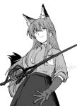  1girl animal_ear_fluff animal_ears arknights closed_mouth collared_shirt cowboy_shot elbow_gloves fox_ears fox_girl fox_tail franka_(arknights) gloves greyscale hair_between_eyes haruichi_(sazanami_complex) holding holding_sword holding_weapon lanyard light_smile long_hair looking_at_viewer monochrome shirt short_sleeves sidelocks simple_background skirt solo standing sword tail twitter_username watermark weapon 