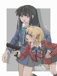  2girls absurdres black_hair blonde_hair blue_dress blue_ribbon blush bright_pupils carrying carrying_person carrying_under_arm chinese_commentary commentary_request dress flying_sweatdrops gun hair_ribbon handgun highres holding holding_gun holding_weapon inoue_takina long_hair long_sleeves looking_at_another lycoris_recoil lycoris_uniform medium_hair multiple_girls neck_ribbon nishikigi_chisato open_mouth orange_eyes parted_lips red_dress red_ribbon ribbon sweatdrop violet_eyes weapon white_pupils yanlingjinshilihuahua yuri 