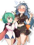  2girls antenna_hair antennae arm_ribbon back_bow barefoot black_cape black_ribbon black_shirt black_skirt blue_eyes blue_shorts blush bow breasts buttons cape collared_shirt commentary_request fang futa_(nabezoko) green_eyes green_hair grey_hair hair_between_eyes hands_up himemushi_momoyo leg_ribbon leg_up long_hair long_sleeves looking_at_another medium_breasts multiple_girls navel nervous open_mouth orange_bow orange_ribbon puffy_long_sleeves puffy_sleeves red_cape ribbon shadow shirt short_hair short_sleeves shorts skin_fang skirt smile sparkle standing standing_on_one_leg sweatdrop touhou two-sided_cape two-sided_fabric white_shirt wriggle_nightbug 